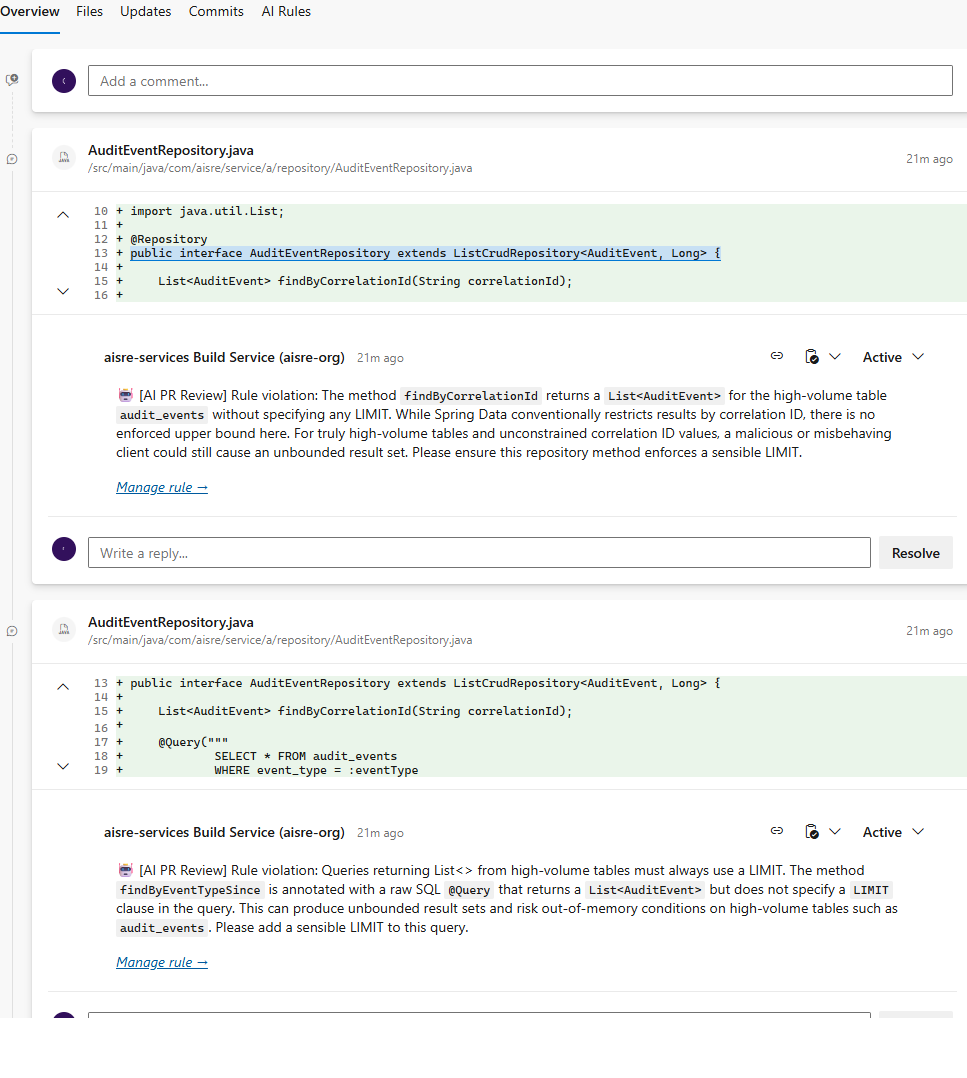 AI review comments inline on a pull request