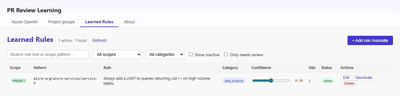 Learned rules panel — team standards captured from PR history